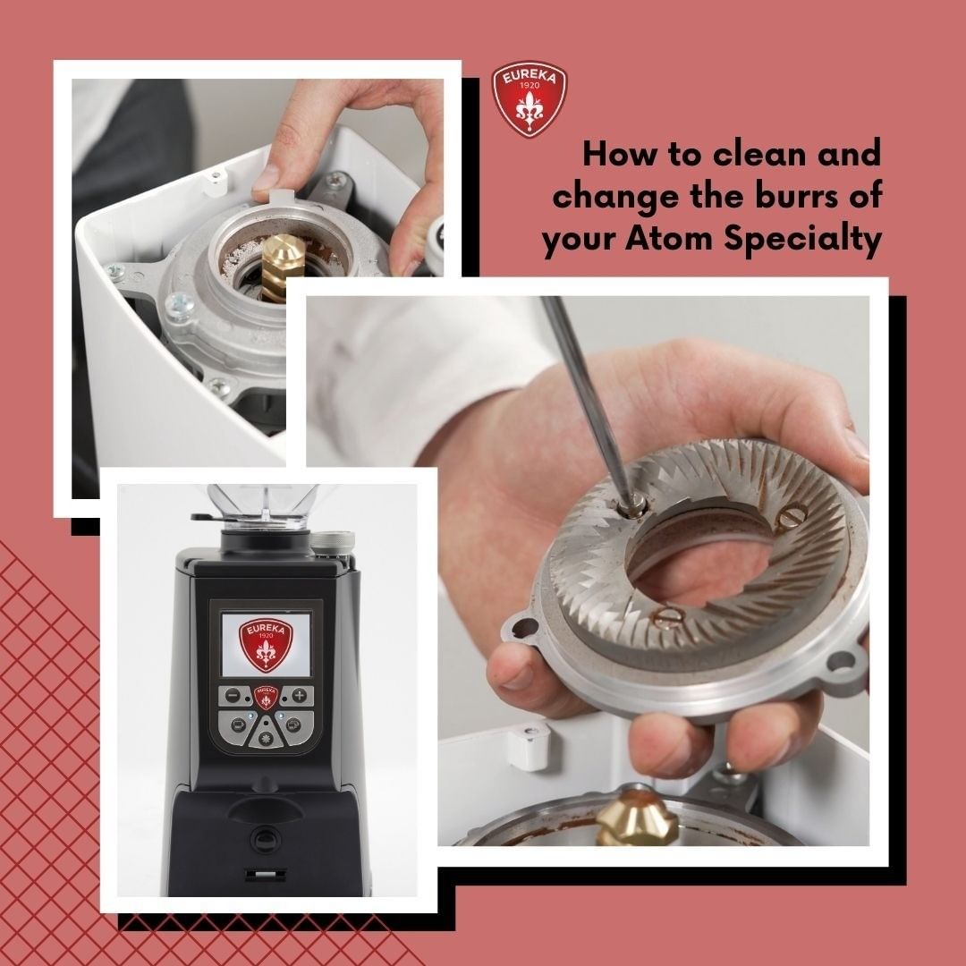 Údržba mlecích kamenů mlýnku na espresso Atom Specialty. Zdroj: Eureka Údržba mlecích kamenů mlýnku na espresso Atom Specialty.