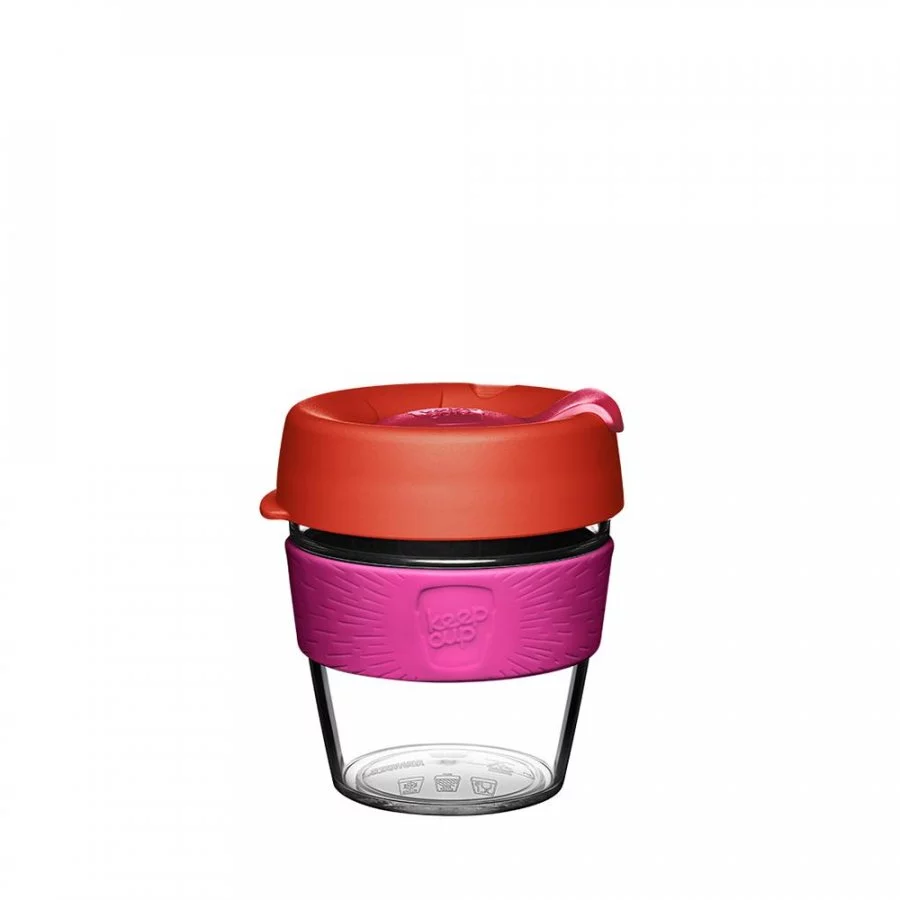 Plastový hrnek na kávu Keepcup s červeným víčkem a růžovým páskem