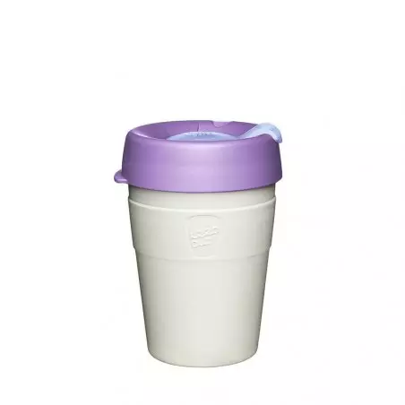 Bílý nerezový termo kelímek v bílé barvě s fialovým víčkem od značky Keepcup.