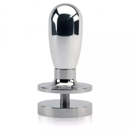 Stříbrný tamper s regulací tlaku na kávu v portafilteru ECM.