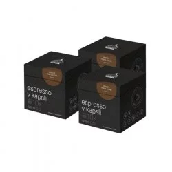 Tři krabičky kávových kapslí Brazílie od Lázeňské kávy.