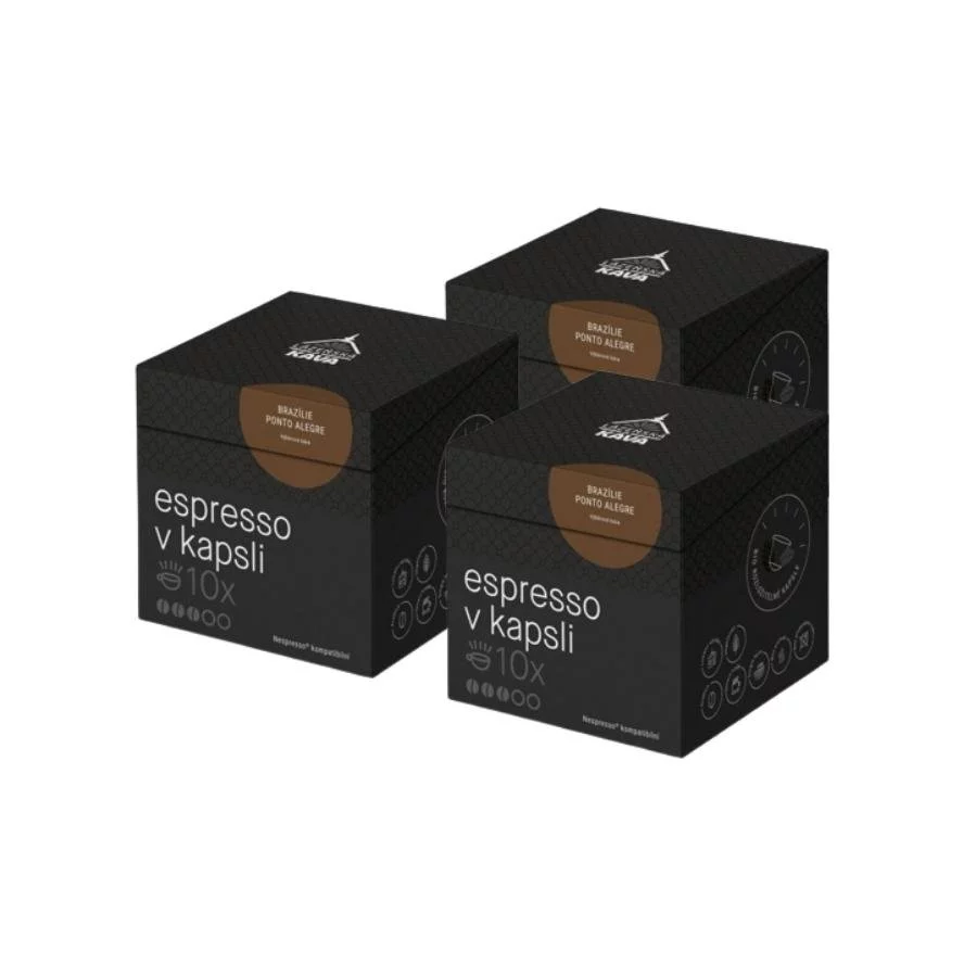 Tři krabičky kávových kapslí Brazílie od Lázeňské kávy.