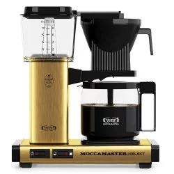 Moccamaster KBG Select od Technivormu ve zlaté barvě s karafou z kvalitního skla, ideální pro gurmánské domácí překapávání kávy.