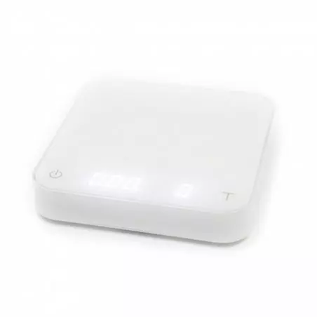 Bílá digitální váha na kávu Acaia Pearl S z plastu, ideální pro precizní měření množství kávy.
