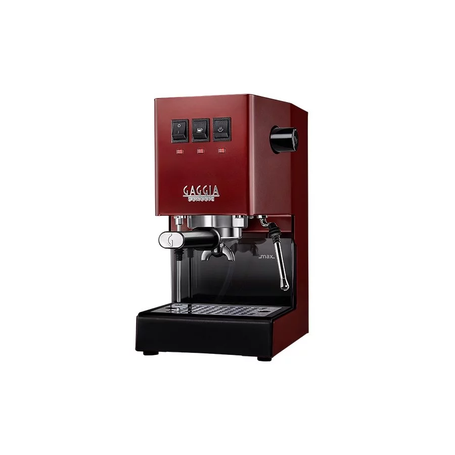 Červený domácí pákový kávovar Gaggia New Classic Color, kompaktní design pro každou kuchyň.