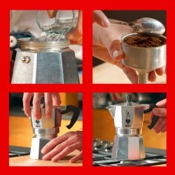 Fotografie jednotlivého postupu přípravy kávy v moka konvičce značky Bialetti Moka Express 