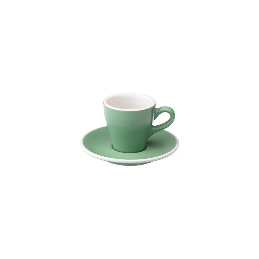 Šálek na espresso Loveramics Tulip s podšálkem v mint barvě, vyrobený z kvalitního porcelánu, objem 80 ml.
