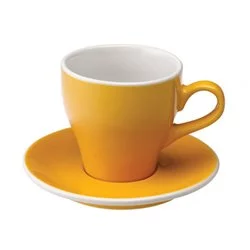 Žlutý porcelánový šálek a podšálek Loveramics Tulip s objemem 280 ml, ideální pro cafe latte.