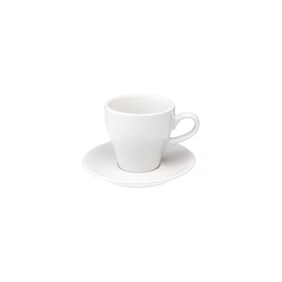 Bílý porcelánový šálek a podšálek Loveramics Tulip s objemem 280 ml, ideální pro cafe latte.