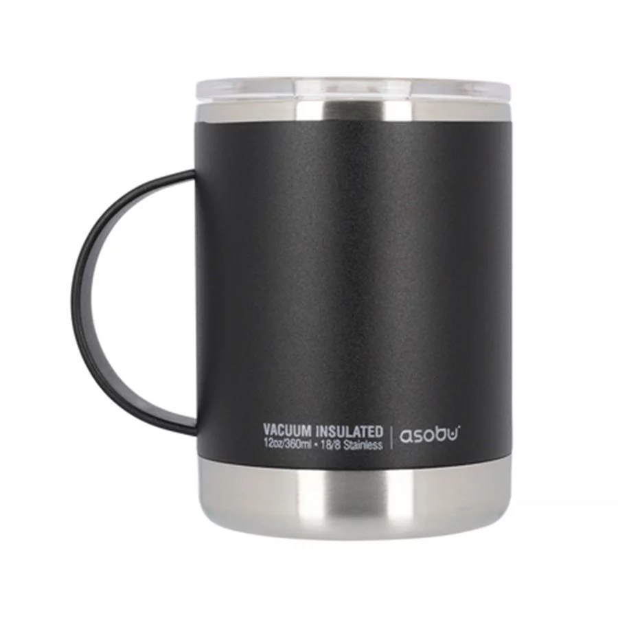 Černý termohrnek Asobu Ultimate Coffee Mug s objemem 360 ml, ideální pro cestování.