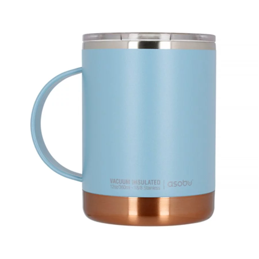 Modrý termohrnek Asobu Ultimate Coffee Mug o objemu 360 ml, ideální pro cestování.