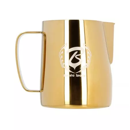 Zlatá mléčná konvička Barista Space o objemu 350 ml, ideální pro přípravu dokonalé pěny na cappuccino.