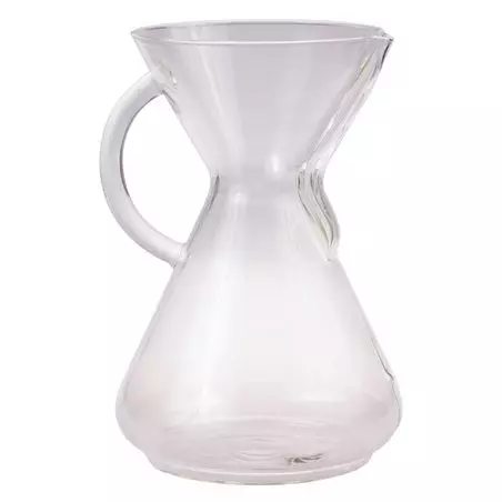 Skleněný překapávač Chemex s průhlednou barvou a rukojetí pro 10 šálků kávy.