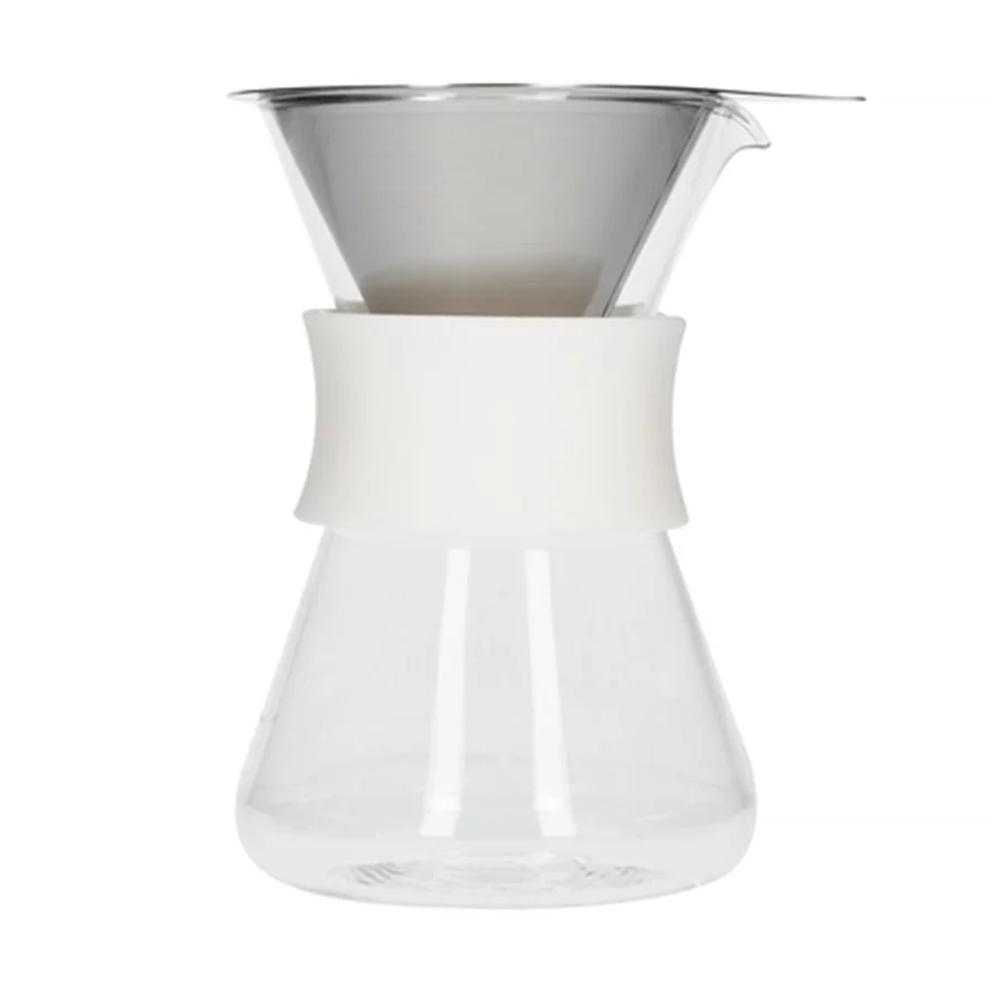 Skleněný překapávač na kávu Hario v bílé barvě, vhodný pro přípravu čerstvé filtrované kávy.