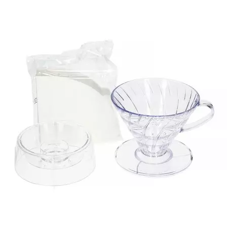 Sada pro přípravu kávy Hario V60 Drip-Assist v průhledné barvě, ideální pro milovníky filtrované kávy.