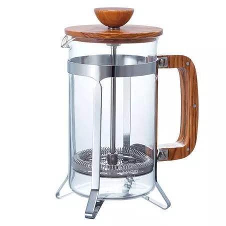 Skleněný French press Hario Cafe Press Olive o objemu 600 ml pro přípravu kávy.