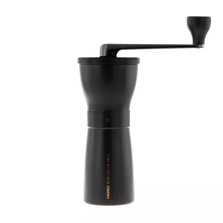 Ruční mlýnek na kávu Hario Mini Mill Slim Pro v černém provedení z odolného plastu. 