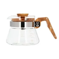 Průhledná konvička na kávu Hario Coffee Server 400 ml s rukojetí z olivového dřeva.