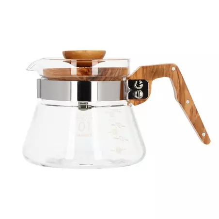 Průhledná konvička na kávu Hario Coffee Server 400 ml s rukojetí z olivového dřeva.