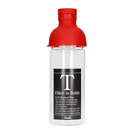 Skleněná láhev pro přípravu studeného čaje Hario Cold Brew Tea Filter-In o objemu 300 ml v červené barvě.