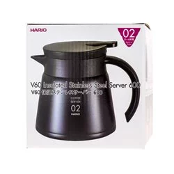 Konvička na kávu Hario Insulated Server V60-02 v černé barvě s nerezovou ocelí a objemem 600 ml.