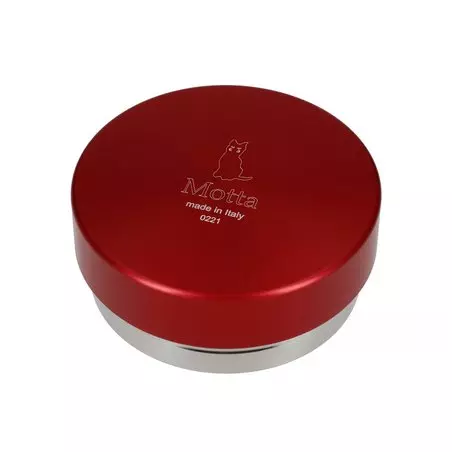 Pěchovadlo na kávu Motta Lightning 58,5 mm v červené barvě s regulací, vyrobené z nerezové oceli.