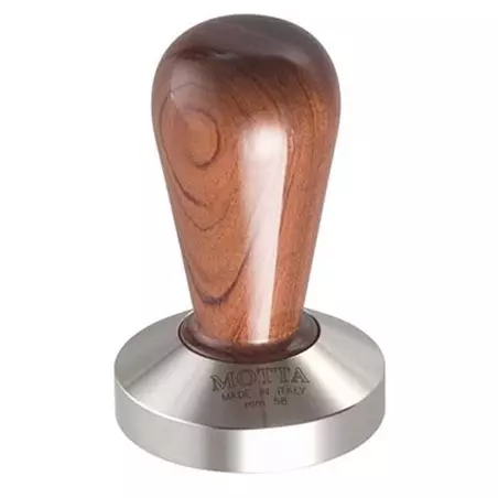 Motta tamper Bubinga 58 mm v hnědé barvě z nerezové oceli, ideální pro přípravu espressa.