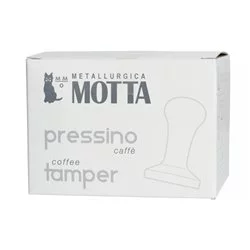 Ruční tamper na kávu Motta o průměru 51 mm s hnědým držadlem, vyrobený z nerezové oceli.