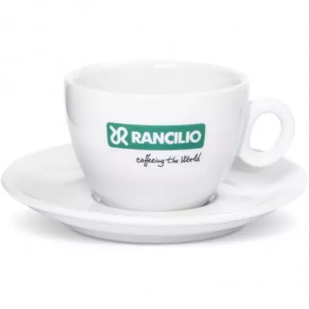 Bílý porcelánový šálek s podšálkem od značky Rancilio, objem 180 ml, ideální pro servírování kávy.