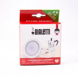 Sada tří těsnění a jednoho sítko z hliníku značky Bialetti, vhodná pro moka konvičku Bialetti Fiammetta.