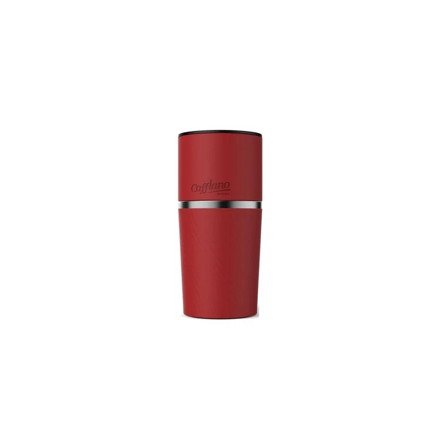 Cafflano Klassic v červené barvě, přenosný kávovar z nerezové oceli, značky Cafflano, ideální pro přípravu kávy na cestách.
