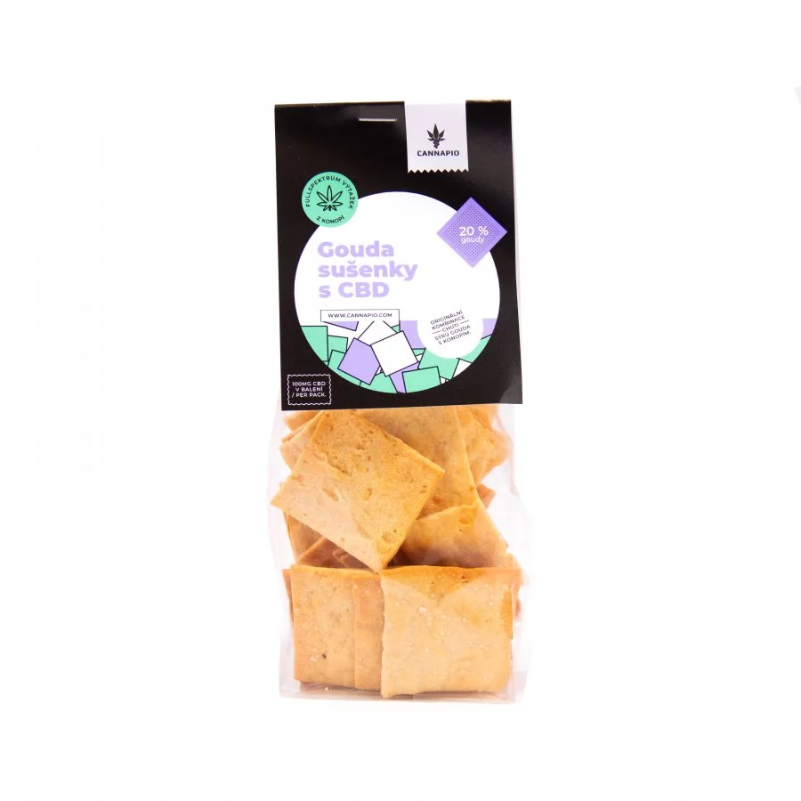 Sýrové sušenky Easycheesy Cannapio Gouda s obsahem CBD v balení 100 g, ideální pro milovníky sýru a wellness.