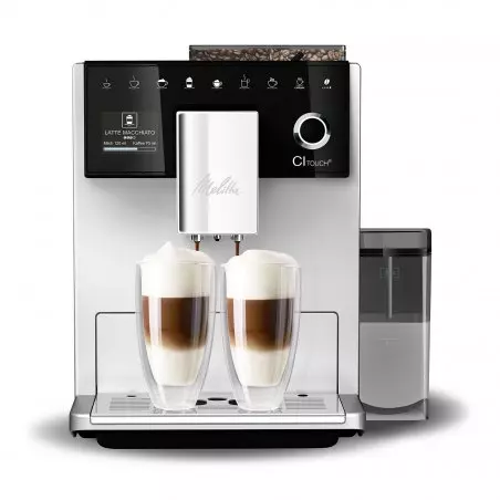Automatický kávovar Melitta CI Touch s integrovaným mlýnkem pro zrnkovou kávu, vhodný pro domácí použití.