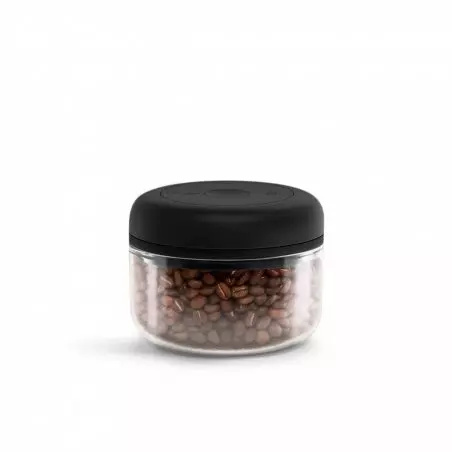 Skleněná dóza na kávu s černým víčkem s kávovými zrny uvnitř, objem 400 ml