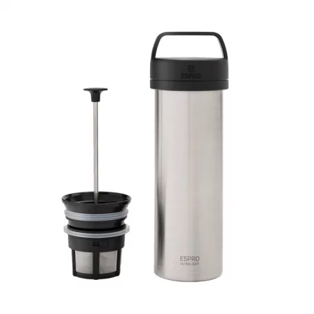 Espro Ultra Light Coffee Press ve stříbrné barvě s objemem 450 ml.