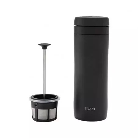 Cestovní French Press a termoska v jednom. Černá barva, 300 ml.