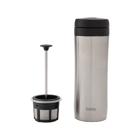 Cestovní French Press a termoska v jednom. V nerezovém provedení s objemem 300 ml.