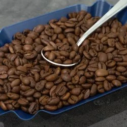 Kávová zrna v modré míse těsně po upražení