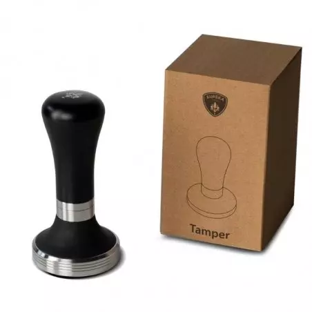 Eureka tamper s ergonomickou rukojetí v černém designu.