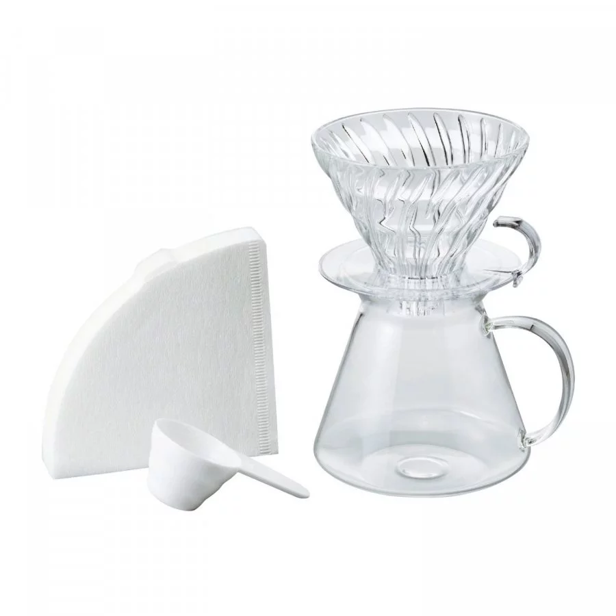Skleněný překapávač Hario V60 Glass Brewing Kit, ideální pro přípravu filtrované kávy.