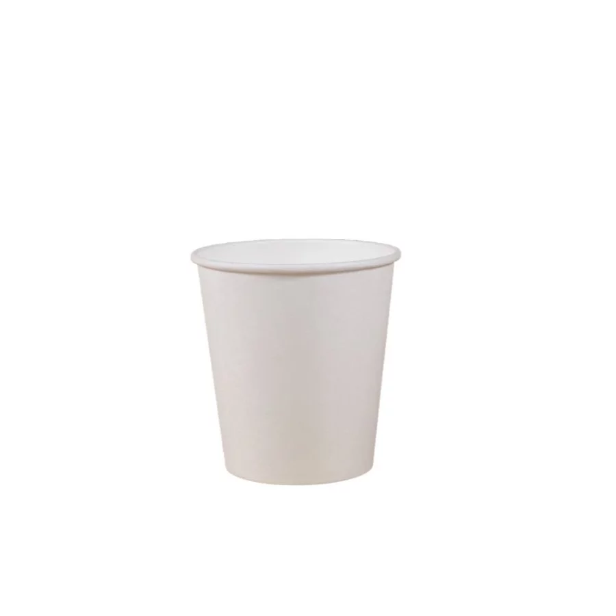 Balení 50 bílých papírových kelímků o objemu 100 ml od značky Lázeňská káva, vhodné pro teplé nápoje.