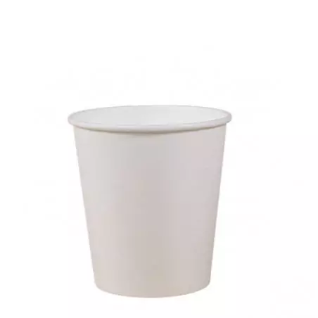 Balení 50 bílých papírových kelímků o objemu 100 ml od značky Lázeňská káva, vhodné pro teplé nápoje.