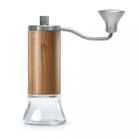 Eureka Baby Grinder Walnut se skleněnou násypkou.