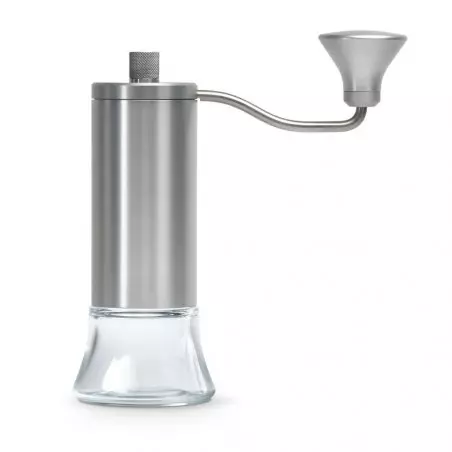 Ruční mlýnek Eureka Baby Grinder Anodized Alluminium se skleněnou násypkou.