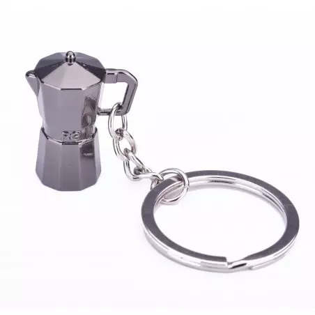 Přívěsek na klíče ve tvaru moka konvičky od značky JoeFrex, ideální dárek pro milovníky kávy.
