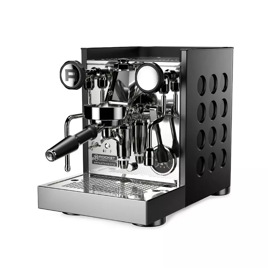 Domácí pákový kávovar Rocket Espresso Appartamento TCA v černé barvě. Domácí pákový kávovar Rocket Espresso Appartamento TCA v černé barvě.