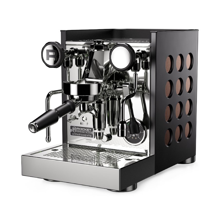 Domácí pákový kávovar Rocket Espresso Appartamento TCA v černé a měděné kombinaci.