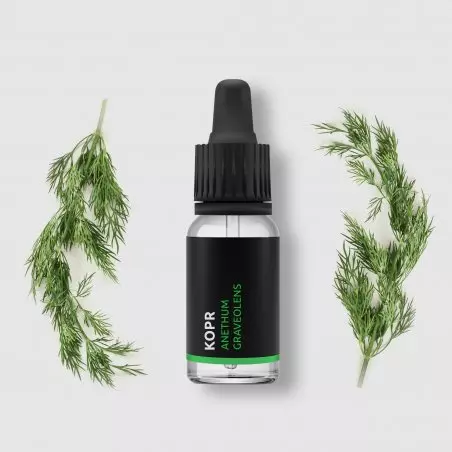 Esenciální olej Kopr od Pěstík v 10 ml lahvičce s certifikací 100% Organic, ideální pro aromaterapii.