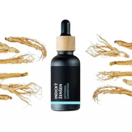 Skleněná lahvička s 10 ml 100% přírodního esenciálního oleje indického ženšenu od značky Pěstík, ideální pro použití v podzimním období.