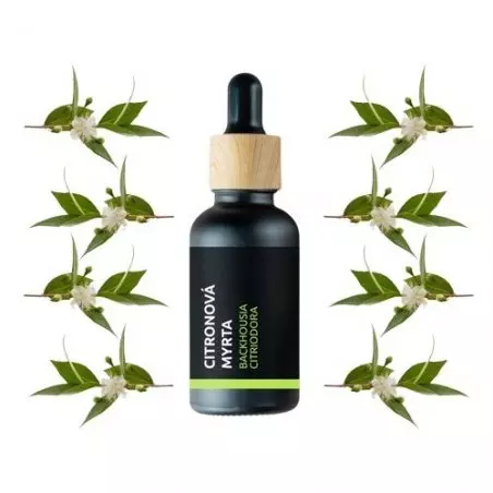 Skleněná lahvička s 10 ml 100% přírodního esenciálního oleje Citronová myrta od značky Pěstík s příjemně sladkou vůní.